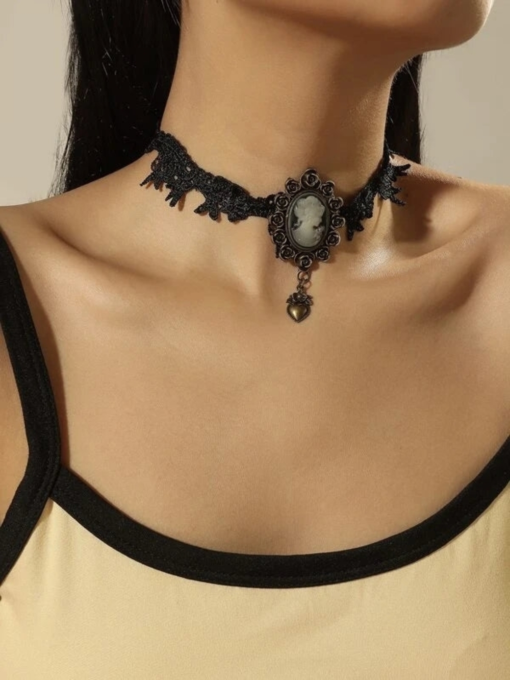 Vintage Black Lace Cameo Choker Necklace